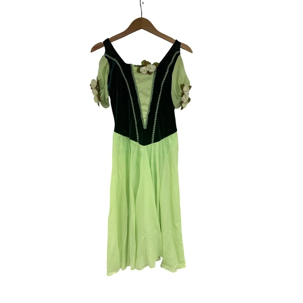 ArtStone Green Velvet Chiffon Dance Costume Floral Leotard Dress Adult Medium